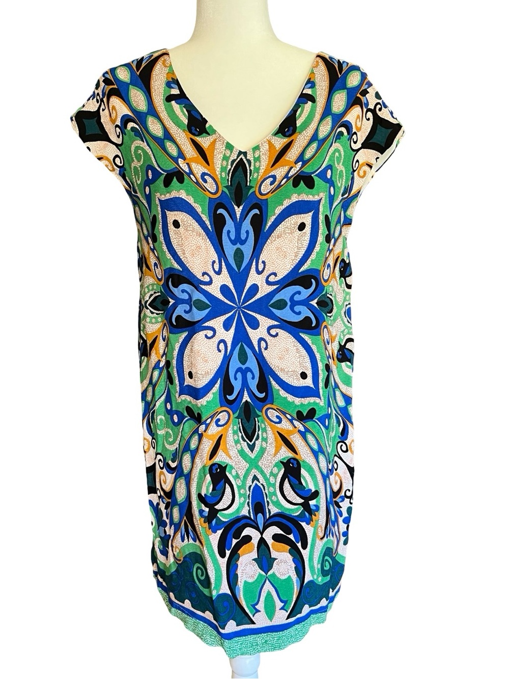 Anthropologie Maeve Folksong Shift Resort S Dress Bird Print Vibrant Boho Luxe